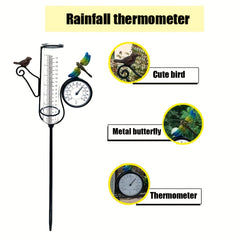 Outdoor Bird & Dragonfly Art Rain Gauge with Thermometer, 68cm Metal Frame