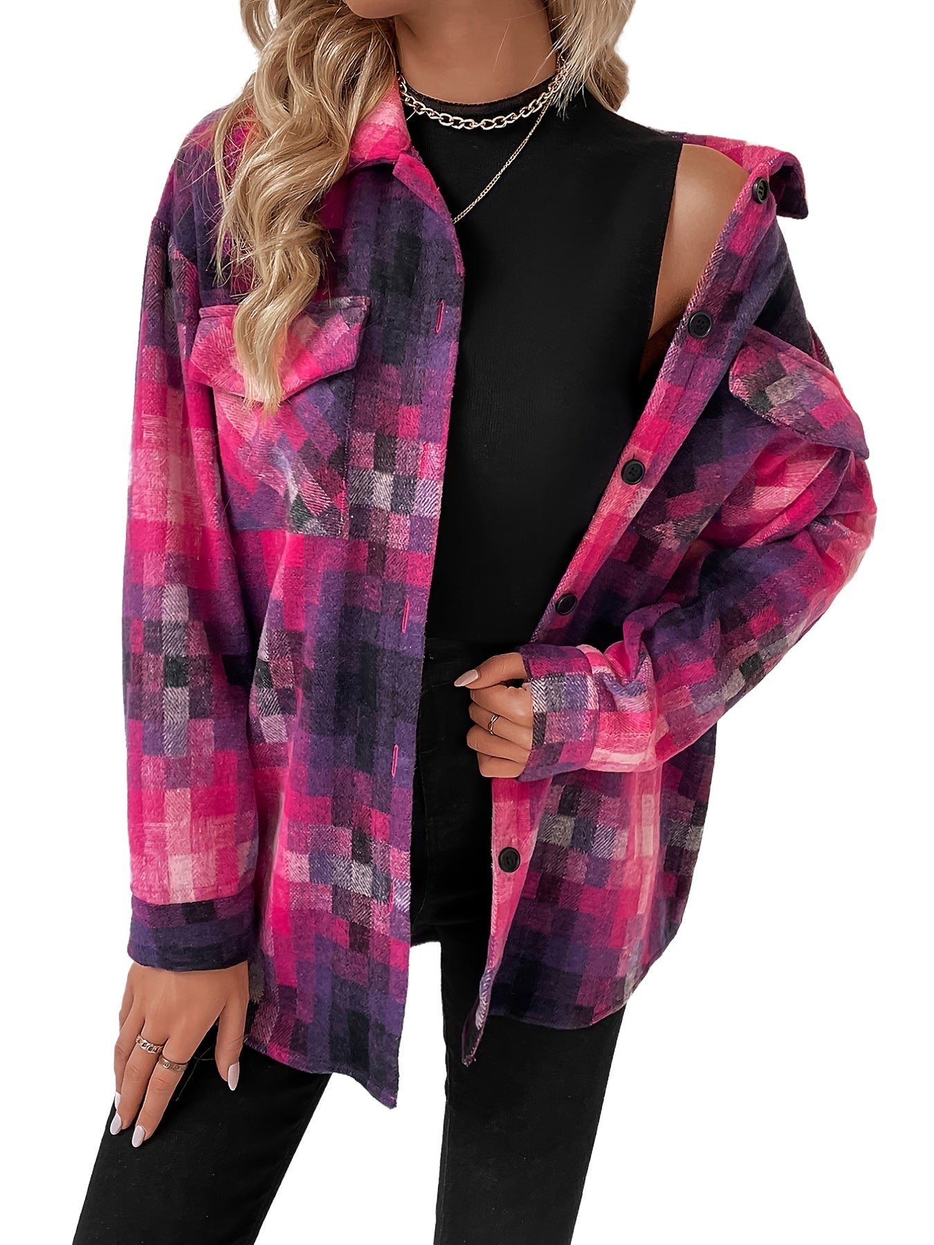 Grid Print Lapel Long Sleeve Coat Outerwear