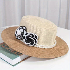 French Style Straw Hat Camellia Faux Pearl Chain Decor & Sun Hat