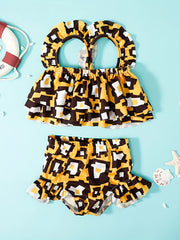 Baby Girls Print Swimsuit Set Ruffle Layered Crop Top Shorts 2pcs