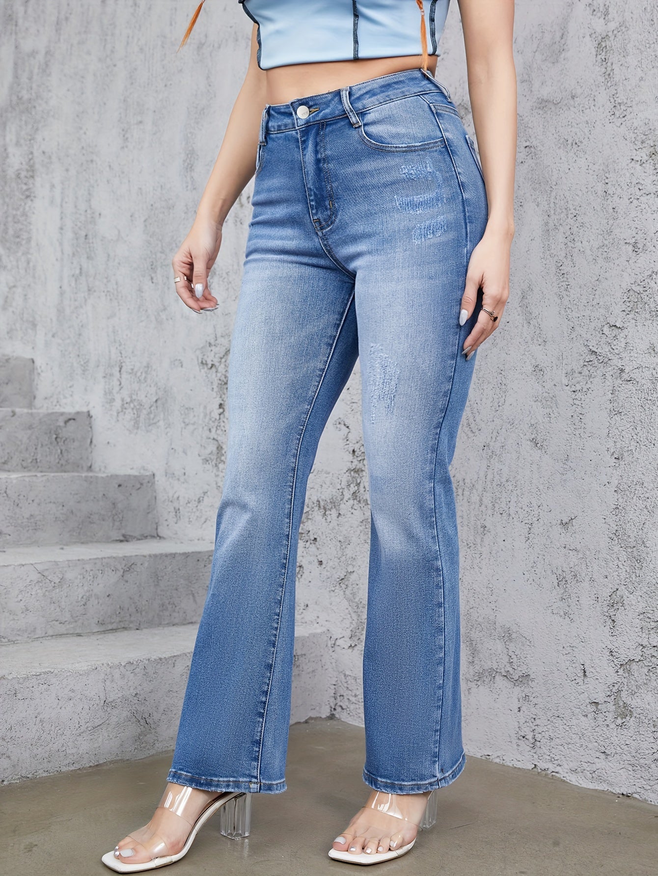 Women's Plus Washed Button Fly High Rise Flared Leg Jeans
