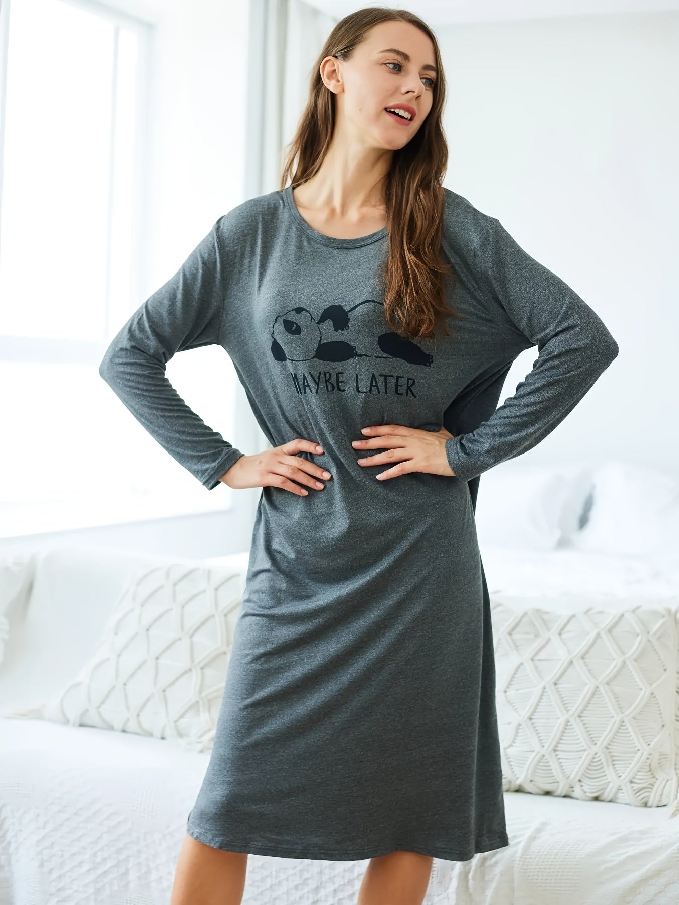 Cartoon Panda Print Lounge Dress Crew Neck Long Sleeve Women's Loungewear
