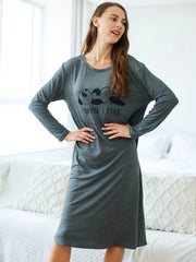 Cartoon Panda Print Lounge Dress Crew Neck Long Sleeve Women's Loungewear