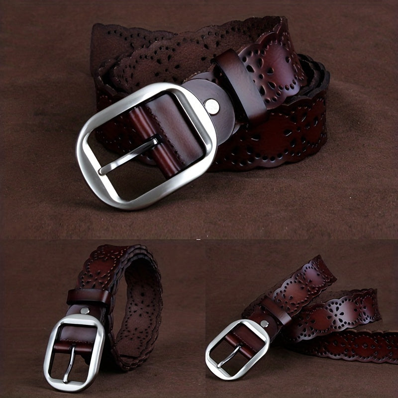 Vintage Leather Flower Belt Oval Buckle Waistband