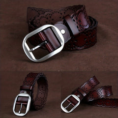 Vintage Leather Flower Belt Oval Buckle Waistband