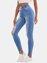 Ripped Holes Skinny Jeans Slim Fit Distressed Elastic Waist Versatile Denim Pant