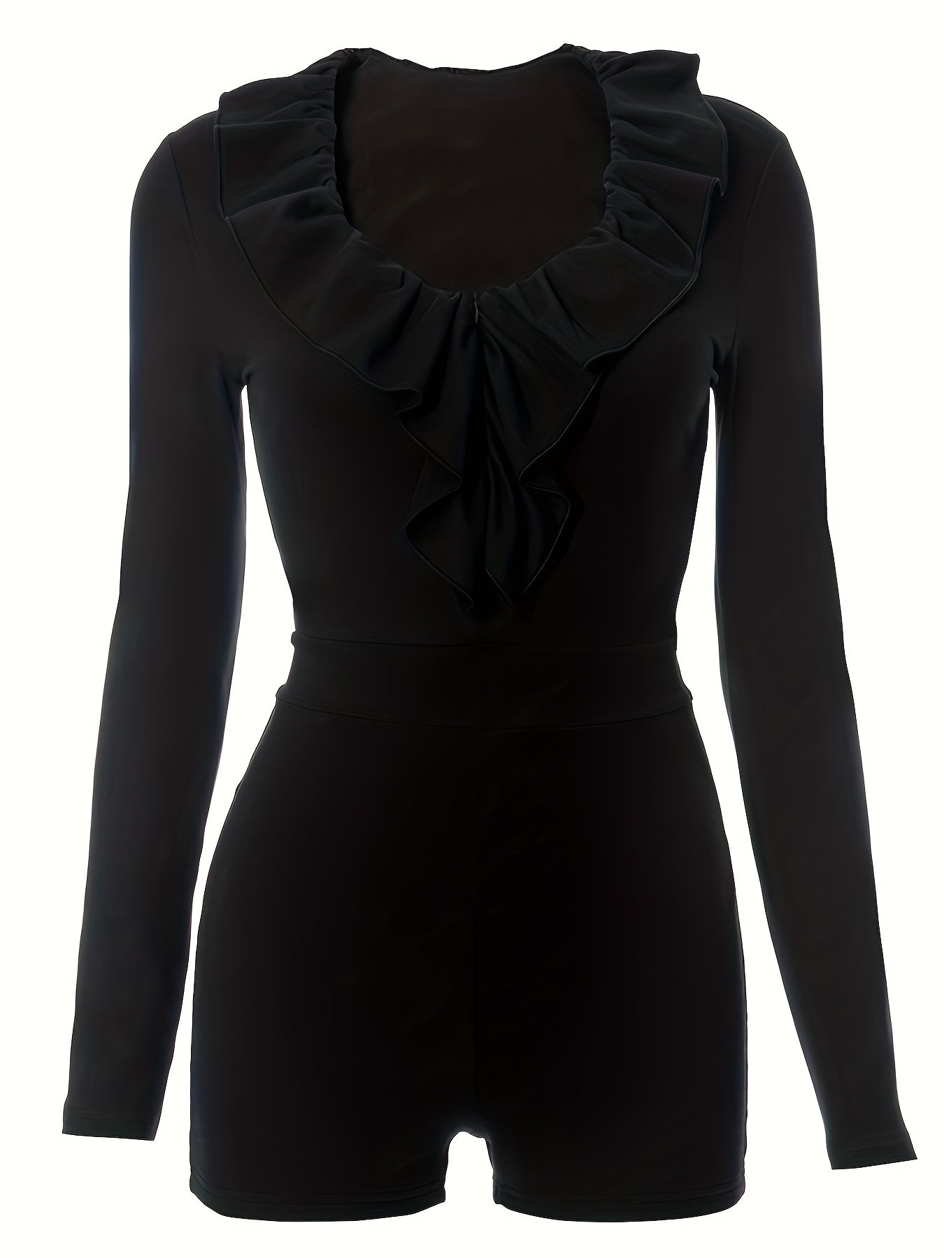 Ruffle Decor Zipper U Collar Long Sleeve Casual Jumpsuit