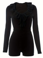 Ruffle Decor Zipper U Collar Long Sleeve Casual Jumpsuit