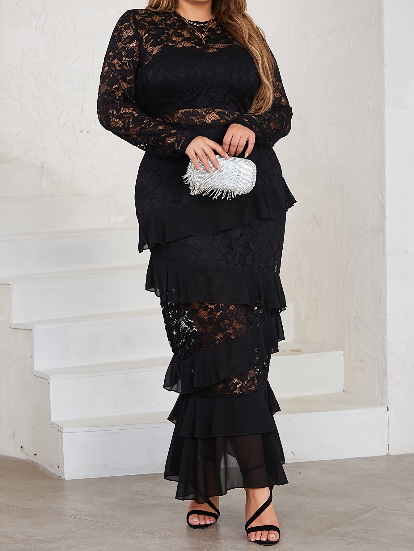 Contrast Lace Long Sleeve Maxi Dress