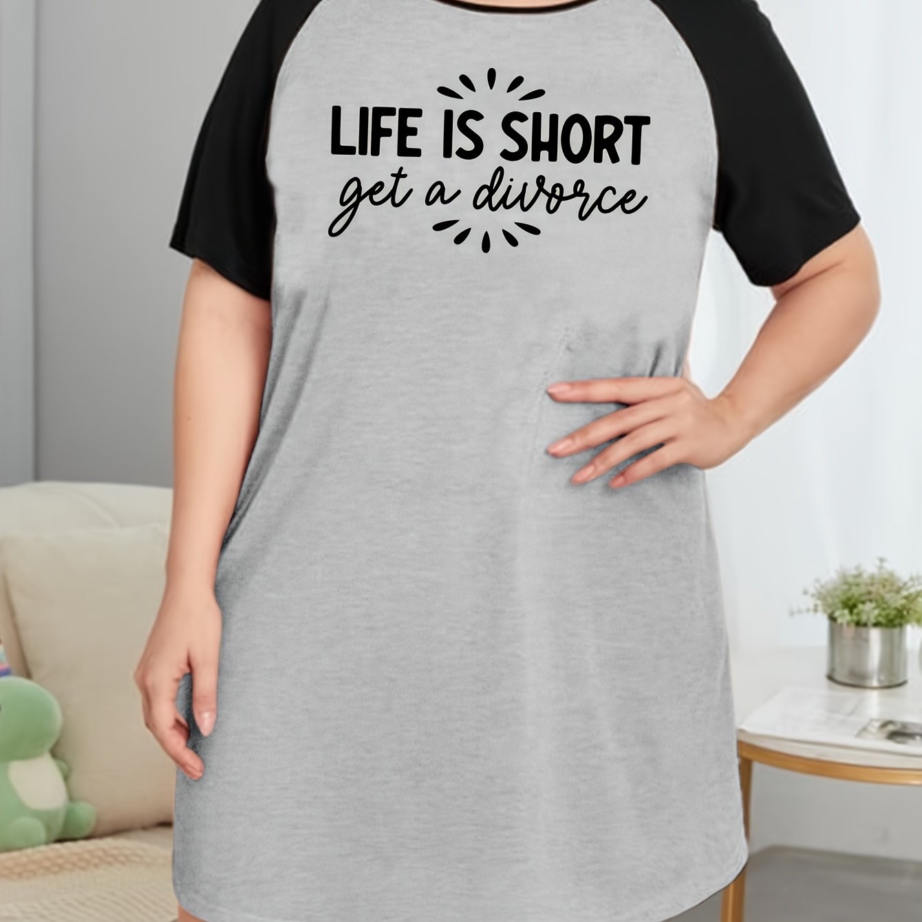 Slogan Print Raglan Sleeve Round Neck Tee Sleep Dress