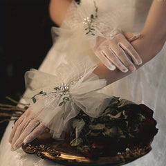 Lace Transparent Gloves Faux Pearl Green Leaves Decorative Wedding Bridal Gloves