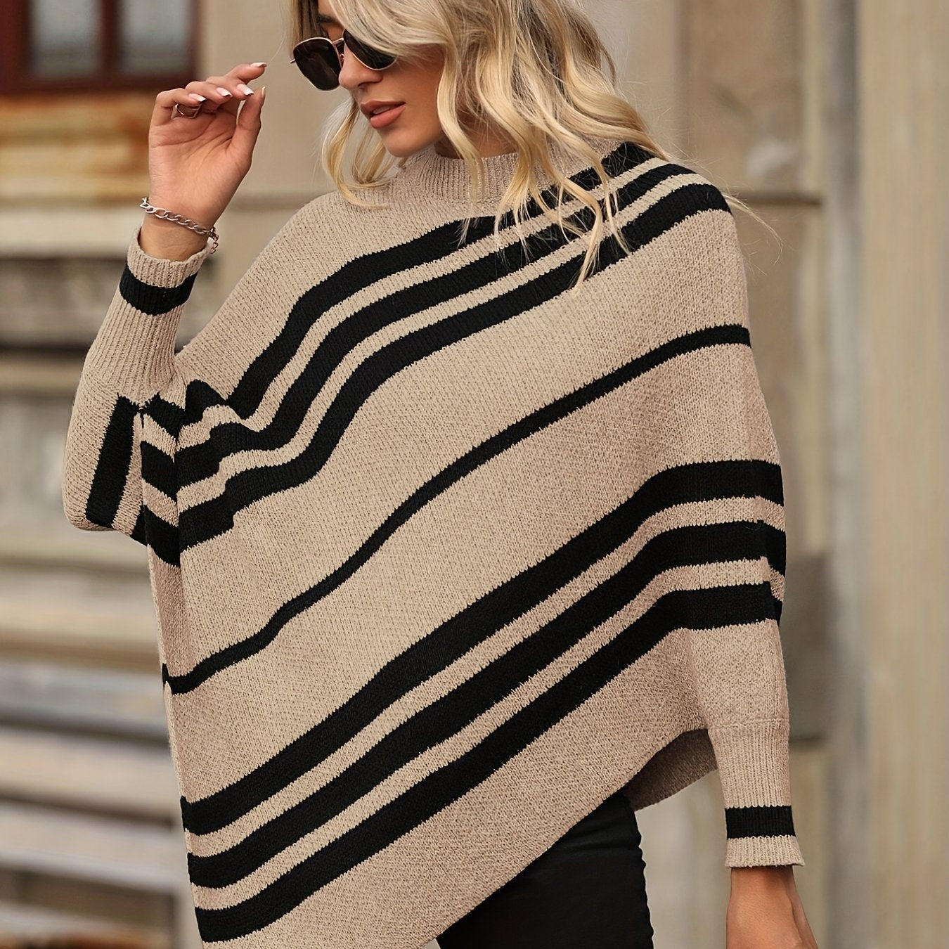 Striped Print Knit Sweater Asymmetrical Sleeve Women's Clothing