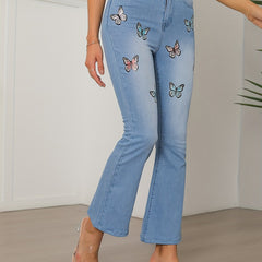Butterfly Print Flare Leg Jeans High Rise Bell Bottoms