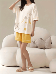 Bunny Print Pajamas Set Crew Neck Top And Shorts Pj Set Women's Sleepwear