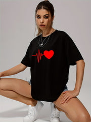 Solid Heart Casual T Shirt Crew Neck Short Sleeve Sports Top Women's Clothing