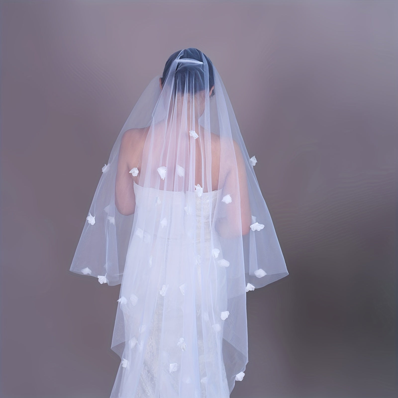 Romantic Floral Bridal Veil with Comb Double Layer Long Train