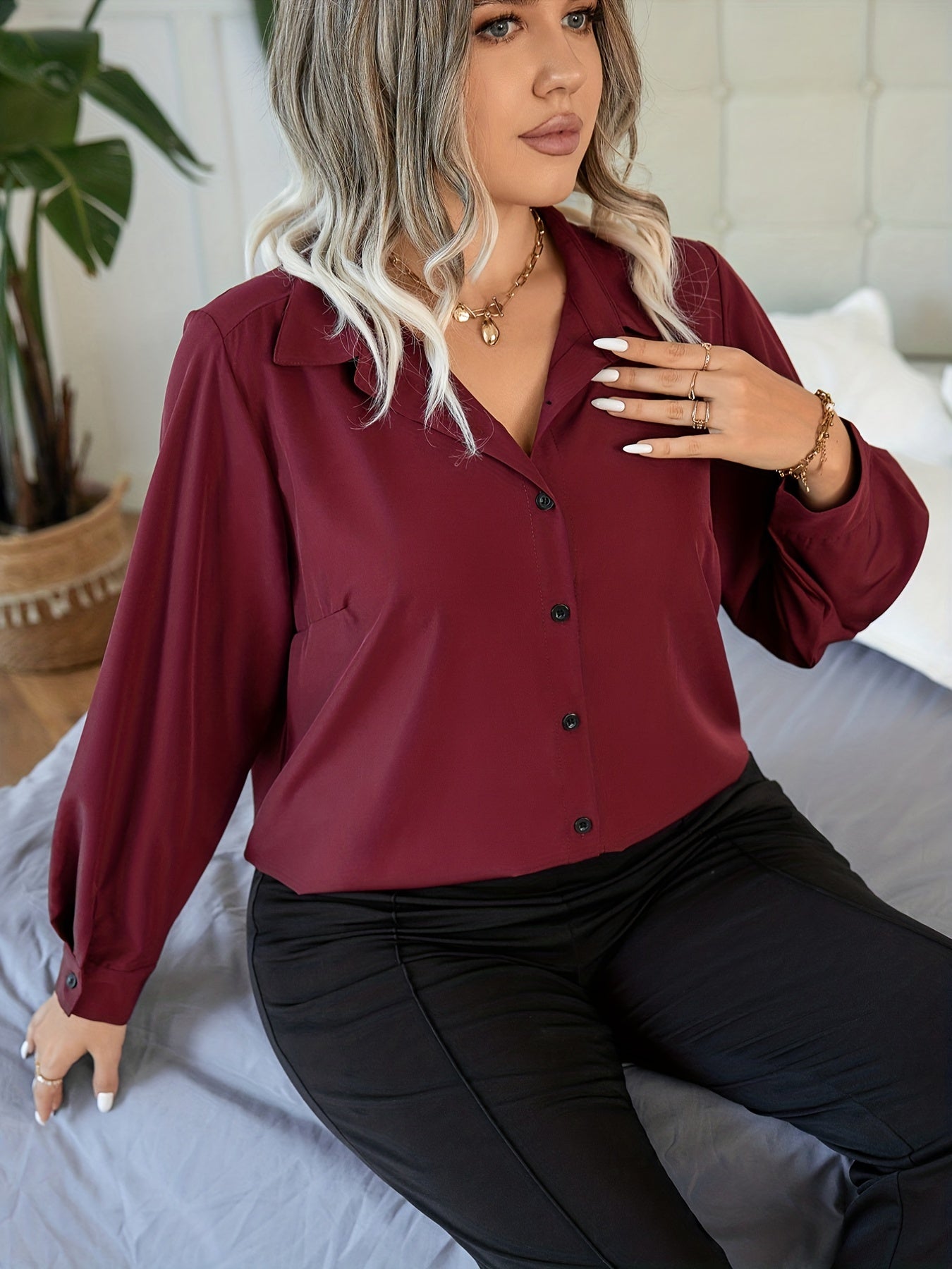 Button Up Lantern Sleeve Blouse
