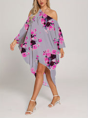 Floral Print Cover Up Dress One Shoulder Asymmetrical Neck Rash Guard Kaftan