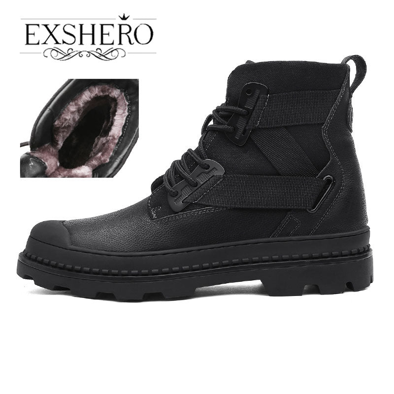 EXSHERO Men's Leather Snow Boots Warm Cotton Comfortable Anti skid Winter
