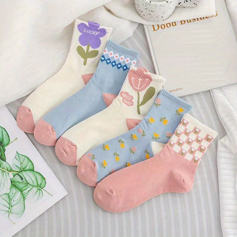 5 Pairs Women's Floral & Heart Print Mid Tube Socks