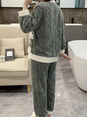 Floral Print Fuzzy Pajama Set Long Sleeve Top & Pants Women's Sleepwear