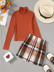 Girls Turtleneck Knit Top & Plaid Short Skirt Set