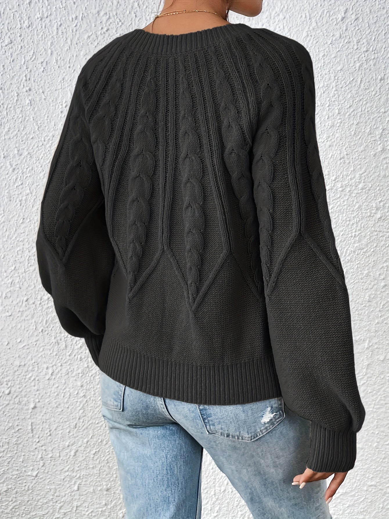 Cable Knit Lantern Sleeve Sweater Crew Neck Pullover Jumper