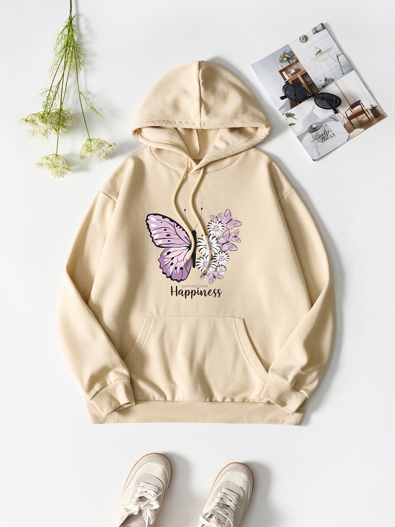 Butterfly & Flower Print Hoodie Casual Sweatshirt