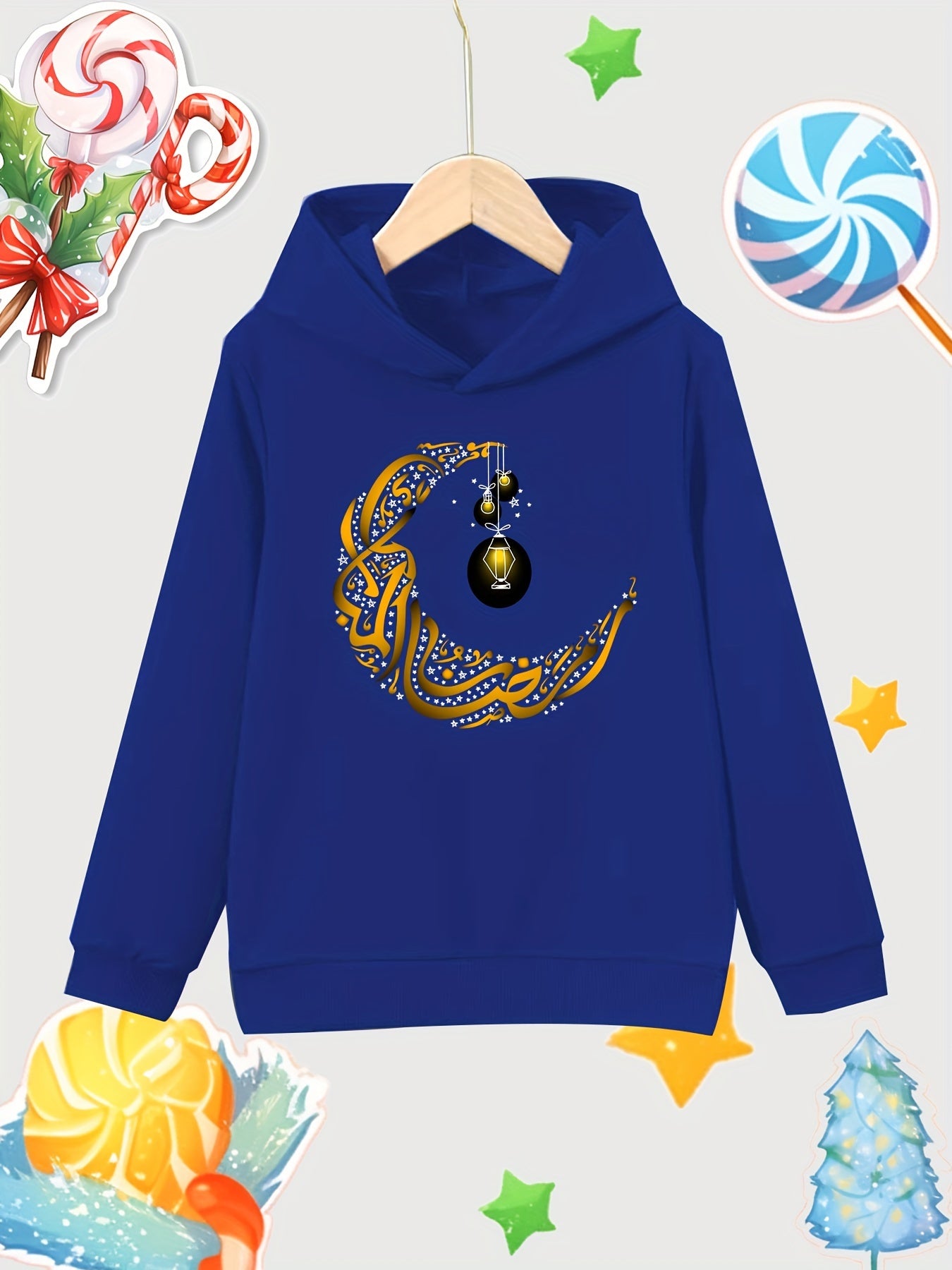 Moon Lantern Print Girls Cotton Pullover Hooded Sweatshirt for Autumn Winter