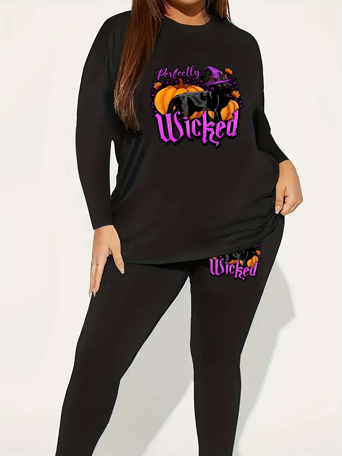 Halloween 2pcs Set Women's Plus Graphic Print Tee & Leggings Set
