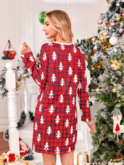 Plaid NightDress Long Sleeve Crew Neck Pajama Dress Women's Sleepwear