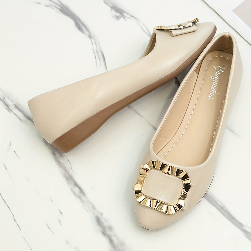 Women's Pointed Toe Metallic Square Buckle Flat Shoes Soft Sole Slip On Flats
