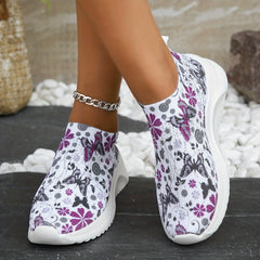 Women's Flower Pattern Slip-On Sneakers, Breathable Knit Low Top Shoes