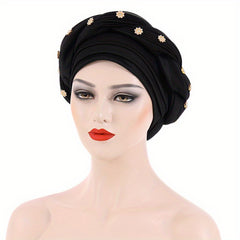 Pleated Turban Cap Flower Decor Twist Head Wrap Elastic Bonnet Beanie Chemo Hats