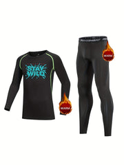 2pcs Kids Warm Compression Base Set STAY WILD Print Tops & Leggings