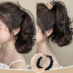 4pcs Girl's Mesh Crystal Elastic Rubber Band & Beige High Ponytail Hair Clip
