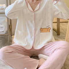Cartoon Print Pajama Set Long Sleeve Top & Pants Women's Sleepwear