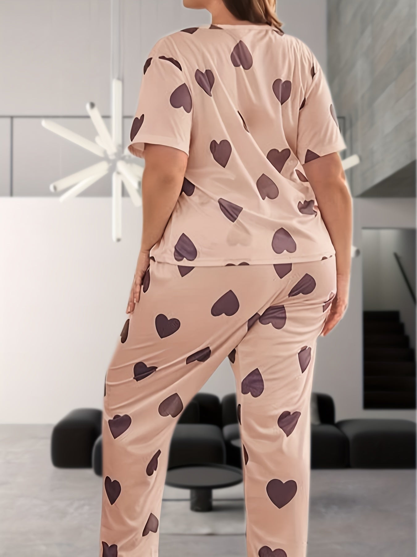 Pajama Set Heart Print Tee & Pants Lounge Two Piece Set