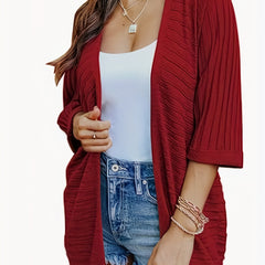 Ribbed Knit Cardigan 3/4 Sleeve Sweater