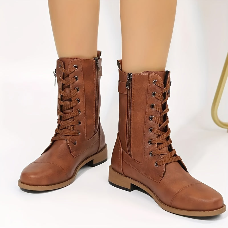 Women's Side Zip Hiking Boots Chunky Block Combat Outdoor Mid Calf Boots