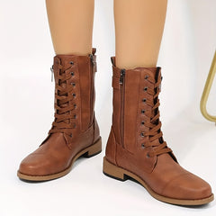 Women's Side Zip Hiking Boots Chunky Block Combat Outdoor Mid Calf Boots