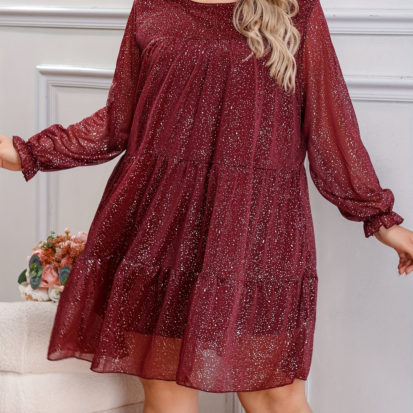 Women's Plus Glitter Flounce Sleeve Mesh Mini Dress