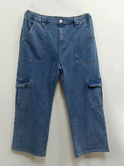 Casual Cargo Jeans Women's Plus Solid Pipping Button Fly High Rise