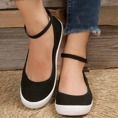 Women's Black Canvas Casual Buckle Strap Flat Shoes