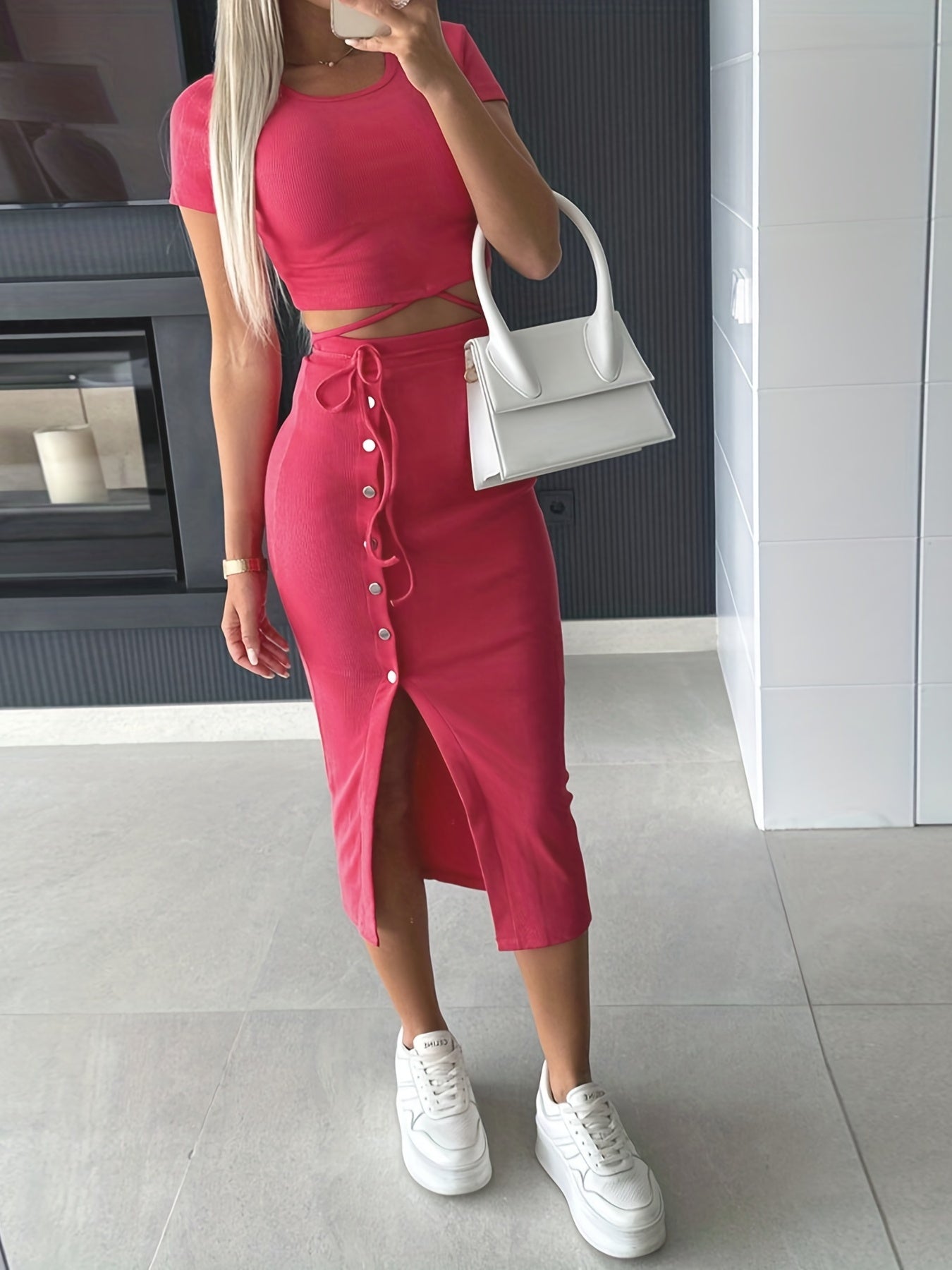 Casual 2pc Set Crop Tee & Button High Waist Skirt Outfit Women's Clothing