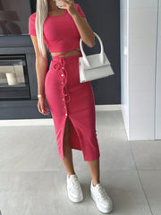 Casual 2pc Set Crop Tee & Button High Waist Skirt Outfit Women's Clothing