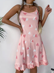 Heart Print Slip Nightdress Ruffle Sleep Dress Women's Sleepwear