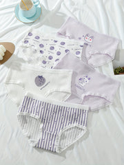 5 Pcs Strawberry & Rabbit Briefs & Ribbed Cotton Bikini Panties
