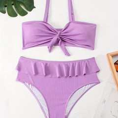 Vacay Bikini Set Solid Knot Front Ruffle Trim Bra & Panty Swimsuit