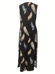 Feather Print Tank Dress With Pockets